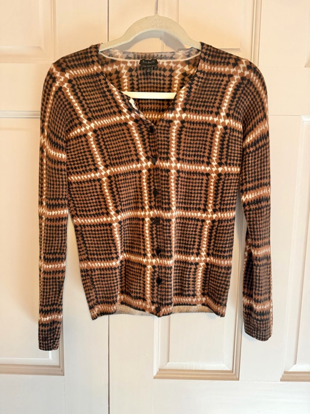 Talbots Pure Merino Wool Plaid Cardigan Sweater Small Brown Button Front